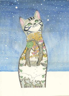 Wenskaart - kat in de sneeuw