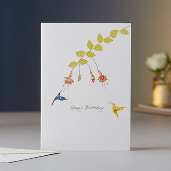 Wenskaart Fuchsia &amp; Two Hummingbirds Birthday