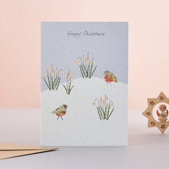 Wenskaart Kerst Robins &amp; snowdrops