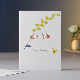 Wenskaart Fuchsia & Two Hummingbirds Birthday