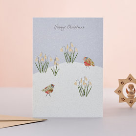 Wenskaart Kerst Robins & snowdrops